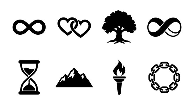 Symbolic Icons: Infinity, Hearts, Tree, Hourglass, Mountains, Torch, Chain Link Vector Set