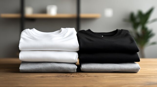 Neatly Folded T Shirts Stack in Neutral Colors on Wooden Surface Minimalist Clothing Concept