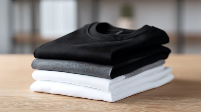Neatly Folded T Shirts Stack in Neutral Colors on Wooden Surface Minimalist Clothing Concept
