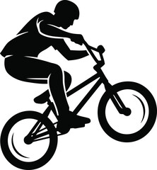 Naklejka premium BMX rider silhouette performing a wheelie stunt, extreme sports mountain bike athlete vector, black and white cycling action graphic