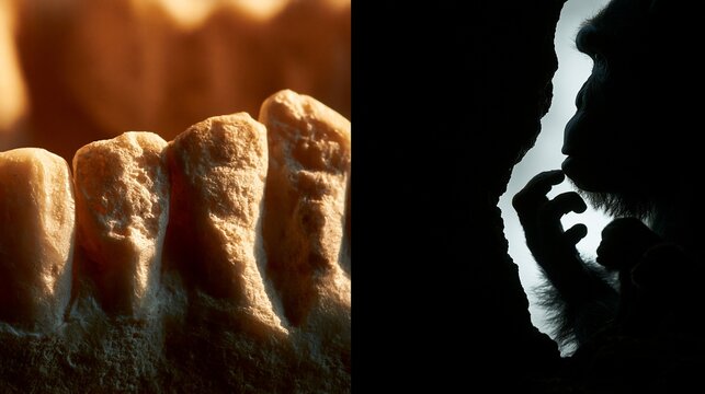 A macro view of ancient teeth casts with visible wear patterns beside a silhouette of wild primates, inquisitive mood, museum lighting, split composition.