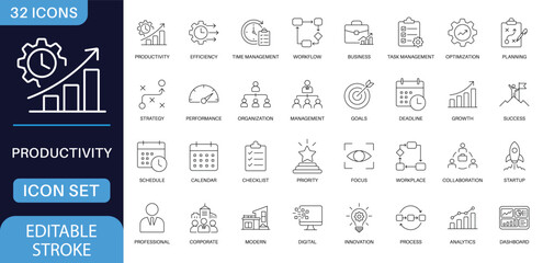 Productivity line icon set. featuring editable stroke outline vector symbols for business workflow, time management, optimization, task tracking, and corporate analytics. © ABRAR