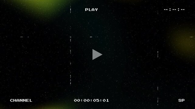 Retro VHS overlay with yellow and green light leaks on a dark grainy background featuring analog TV interface elements like play text and timecode for vintage video effects