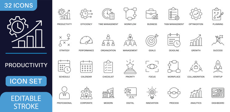 Productivity line icon set. featuring editable stroke outline vector symbols for business workflow, time management, optimization, task tracking, and corporate analytics.