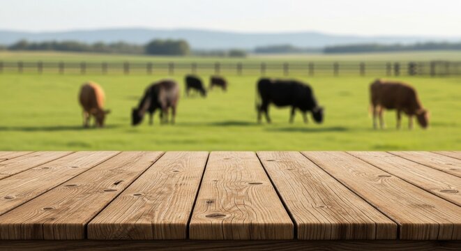 Empty rustic wooden table surface with blurred green farm pasture and cows grazing. Rustic backdrop.