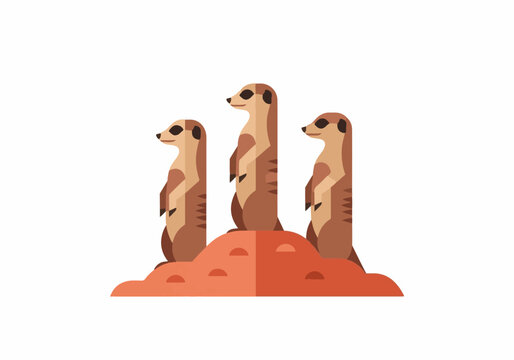 Three meerkats emerging from burrow in desert landscape