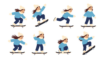 Set of girl skateboarding poses in winter clothes vector © Alan