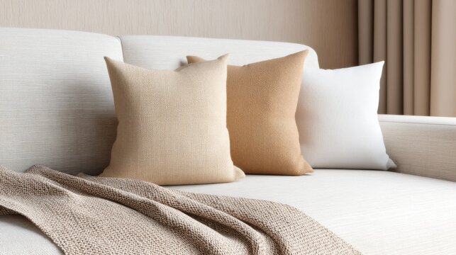 close up linen pillow and textured blanket on sofa, warm side lighting, soft shadows, neutral palette, cozy cinematic mood
