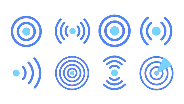 Blue signal and target icons set on white background