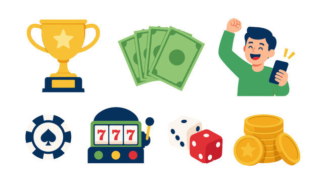 Gambling and winning icons set with money trophy and slot machine