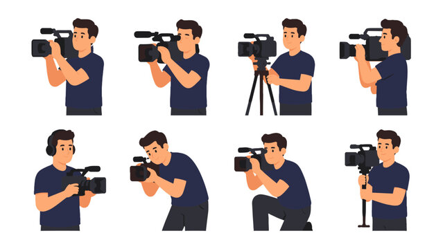 Set of cameraman poses operating professional video cameras