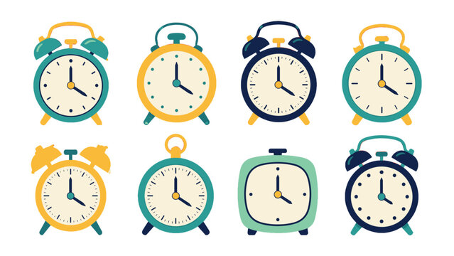 Set of colorful vintage alarm clock illustrations