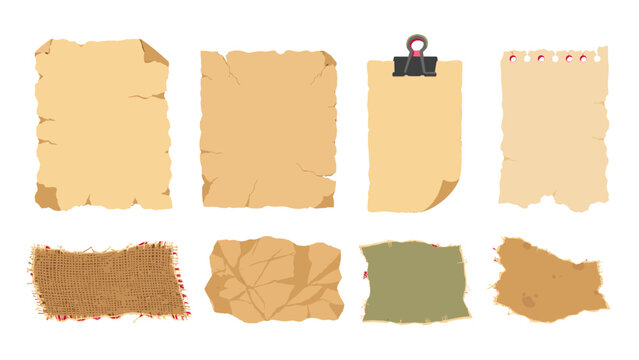 Set of torn vintage paper scraps and textured note pieces