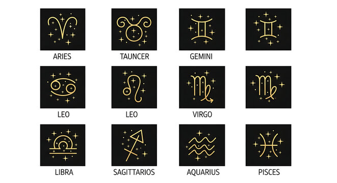 Set of twelve golden astrology zodiac signs on black square background with astrology horoscope astronomy constellation esoteric prediction mystical sagittarius capricorn aquarius