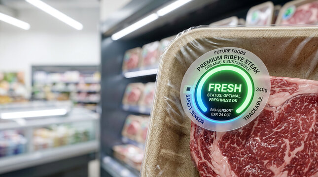 Food security innovation raw steak package featuring a smart fresh indicator sensor tag for quality control monitoring smart label packaging freshness indicator