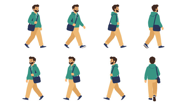 Walking bearded man character set in casual clothes vector