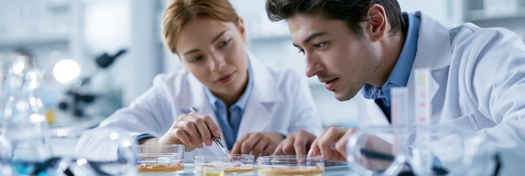 Medium shot of cosmetology researchers testing foundation consistency in petri dishes recording data on a tablet framed by outoffocus safety goggles and pH strips set in a bright