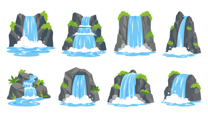 Set of cartoon waterfall scenes with rocks and flowing blue water © Alan