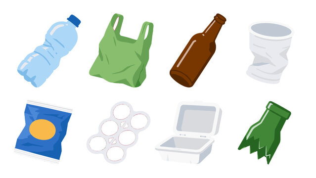 Vector set of common plastic, glass, and foam waste items