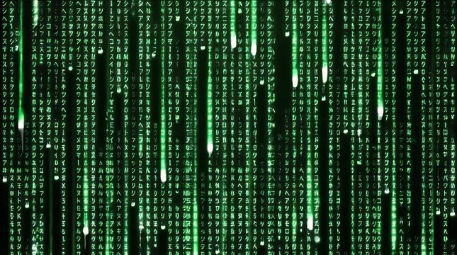Digital rain of green alphanumeric characters cascades down a black screen in iconic cyberpunk style visual effect from the movie The Matrix.
