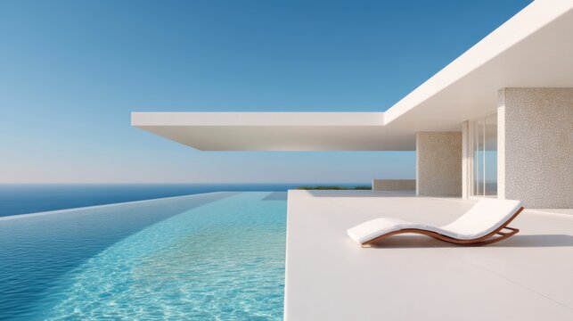 Low angle, floor level shot from underneath a cantilevering roof of a modern villa, view across an infinity pool reflecting the sky, strict architectural