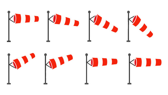 Set of striped windsock icons in different wind directions