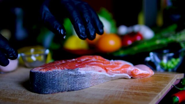 Step by step salmon recipe asparagus garlic butter cooked on stainless steel skillet in modern kitchen healthy gourmet meal preparation salmon recipe, healthy, cooking process, restaurant style meal