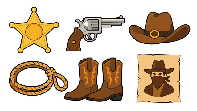 Cartoon western set with sheriff badge revolver hat rope and boots