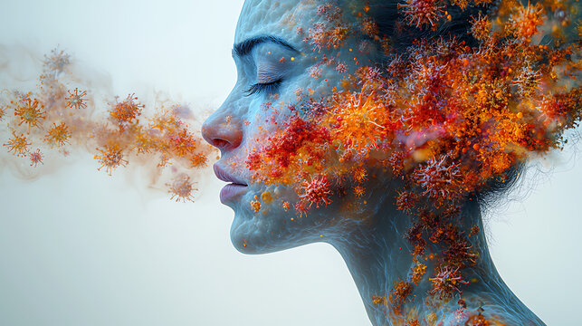 An artistic interpretation of a sneeze, using abstract shapes and colors to represent the energy and spread of germs against a white background 
