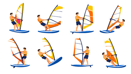 Naklejka premium Set of male windsurfers riding boards with colorful sails