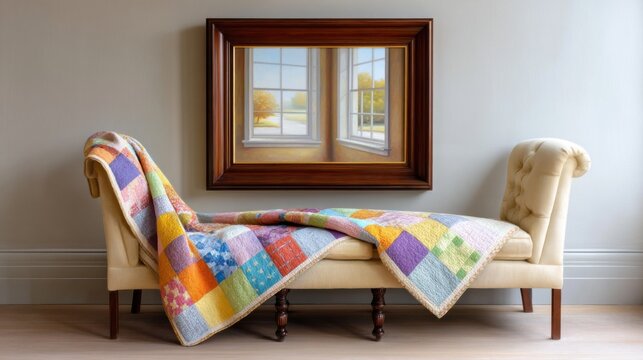 Oil on canvas painting in a dark walnut frame, a cozy armchair with a colorful patchwork quilt by a window, soft light, realistic oil textures