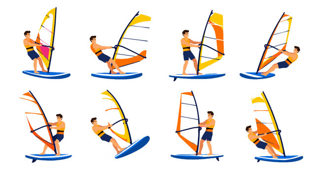 Set of male windsurfers riding boards with colorful sails