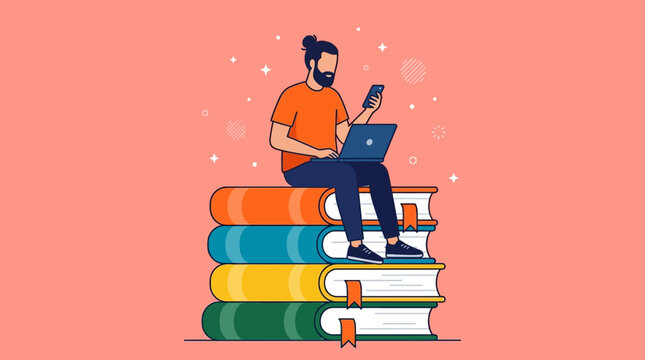 Modern Digital Learning Concept featuring a man sitting on a stack of giant books using a laptop and smartphone, ideal for online education platforms and e-learning marketing.