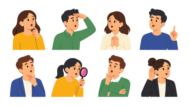 Set of people with surprised and thinking facial expressions