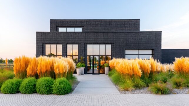 View of a modern industrial loft facade made of matte black handmade bricks, massive planting of tall ornamental grasses (miscanthus and feather grass)