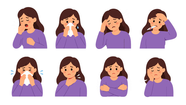 Set of woman with cold and flu symptoms in flat vector style