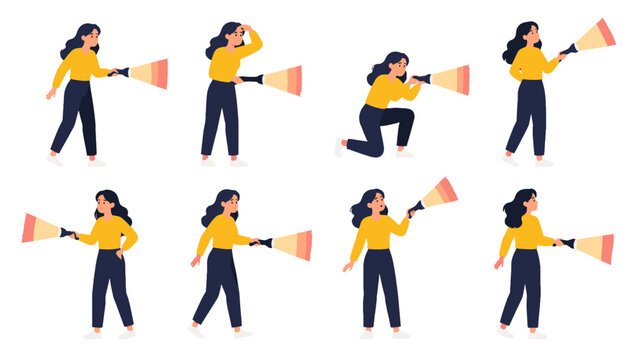 Woman character holding flashlight in various poses set