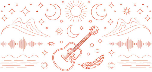 Naklejka premium A serene mountain landscape with a guitar, feather, and celestial elements at sunset.
