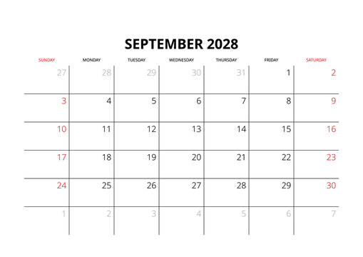 September 2028 English Corporate Monthly Calendar Grid Minimalist Office Organizer Page