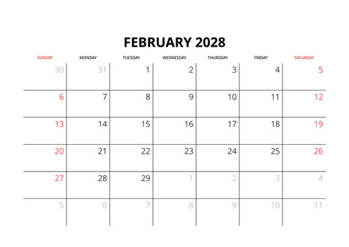 February 2028 English Minimalist Wall Calendar Page Corporate Project Management Layout