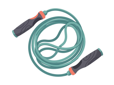 Flat vector illustration of a coiled jump rope with ergonomic handles, smooth curved rope layout forming soft motion shape, minimal fitness training concept, centered composition