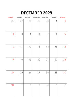 December 2028 English Professional Calendar Grid Clean Minimalist Monthly Planner