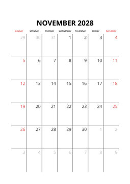 November 2028 English Blank Monthly Planner Grid Clean Business Calendar Template