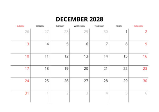 December 2028 English Minimalist Wall Calendar Page Corporate Project Management Layout