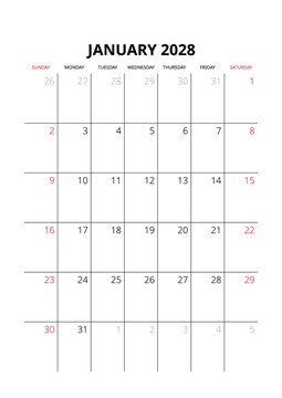 January 2028 English Corporate Monthly Calendar Grid Minimalist Office Organizer Page