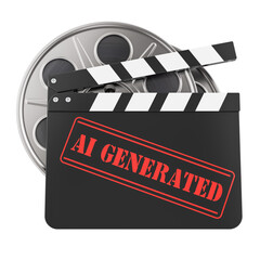 Naklejka premium AI generated movie, synthetic video concept with clapperboard and film reel. 3D rendering