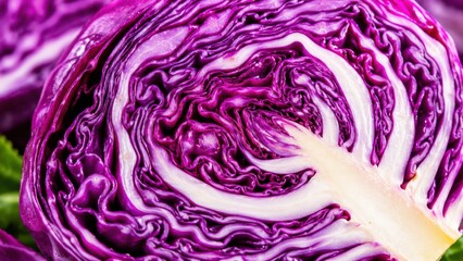 Fototapeta premium Fresh Red Cabbage Cross Section Showing Vibrant Purple Layers and Natural Organic Texture