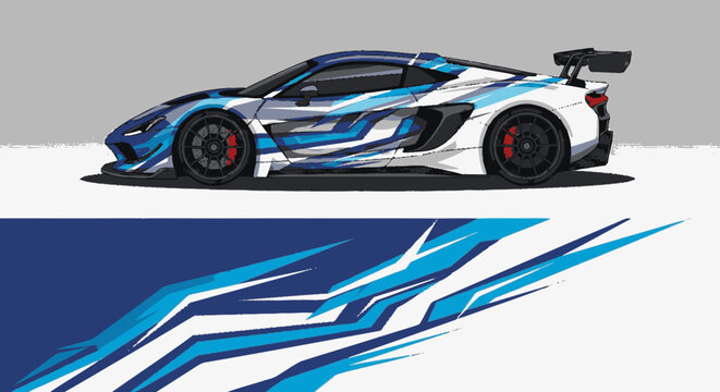 Stylized vector illustration of a blue and white sports car with a gra