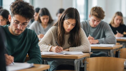 Fototapeta premium Focused University Students Writing Exam Answers in Modern Classroom Environment