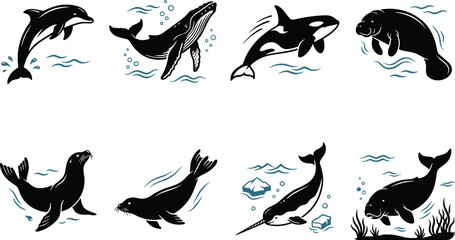 Vector silhouettes of marine mammals including dolphin, whale, orca, manatee, sea lion, seal, narwhal, and reindeer-like aquatic designs © MDMAHMUDUL